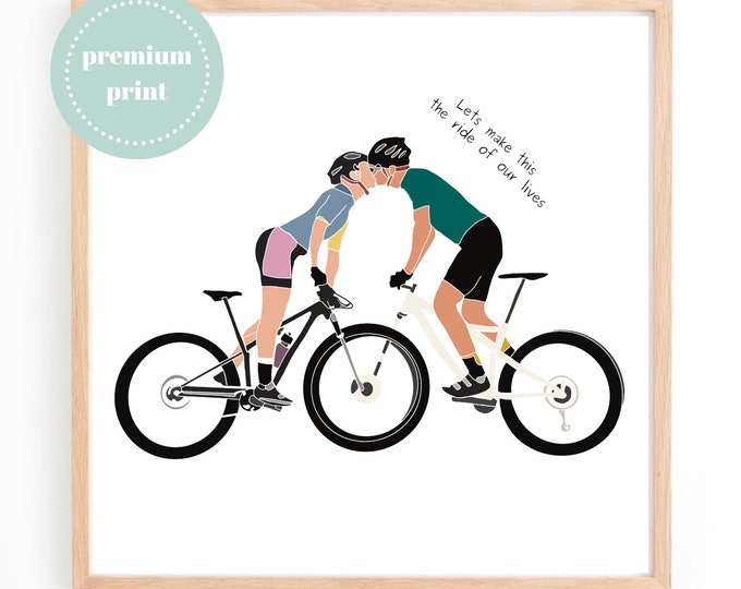 Couples Love Bikes Cycling Art Print Gifts 'All we need is love & the bikes' Mountain Bike MTB Cyclist Wedding Love Artwork Picture Poster