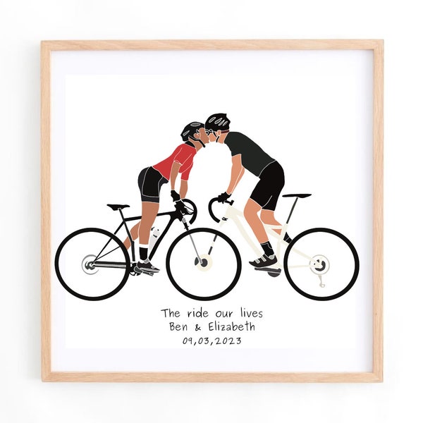 Vollständig personalisierte Paare lieben Fahrräder Straßenradfahrer Kunstdruck, benutzerdefinierte Reiter vorhanden, romantische Radsport-Erinnerung, Verlobung Hochzeit UCI Kunstwerk