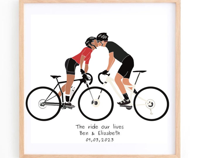 Cycle Bike Art - Fully Personalised Road Cyclist Print, Couples Romantic Cycling Gift, Engagement Wedding Premium Poster Picture