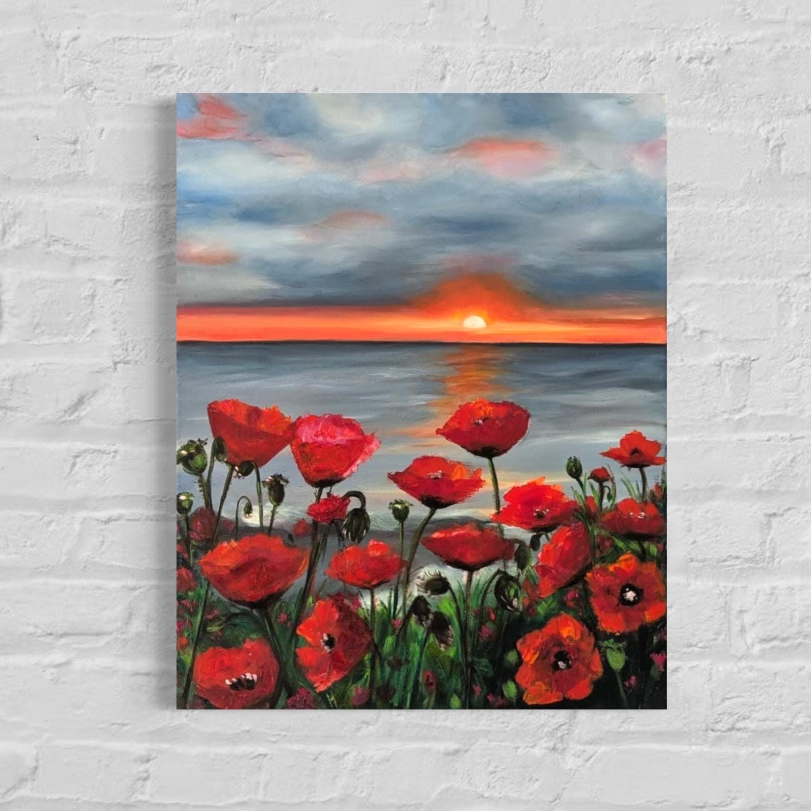 Islandburner Leinwandbild Mohnblumen Feld – 80x40 Cm, Sonnenuntergang, Wandbild Kunstdruck