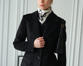 Black Fitted Wool Coat Blazer – 90% Wool, Soft Brushed Fabric, Elegant Tailored Jacket