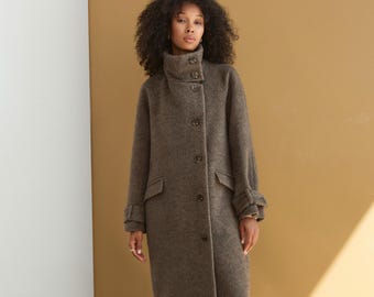 Mocha Mohair Blend Maxi Coat with High Collar and Asymmetric Closure