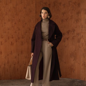 Long Burgundy wool coat, Burgundy woolen coat, Lined warm winter coat, Double-breasted wool coat with belt, Raglan sleeve overcoat
