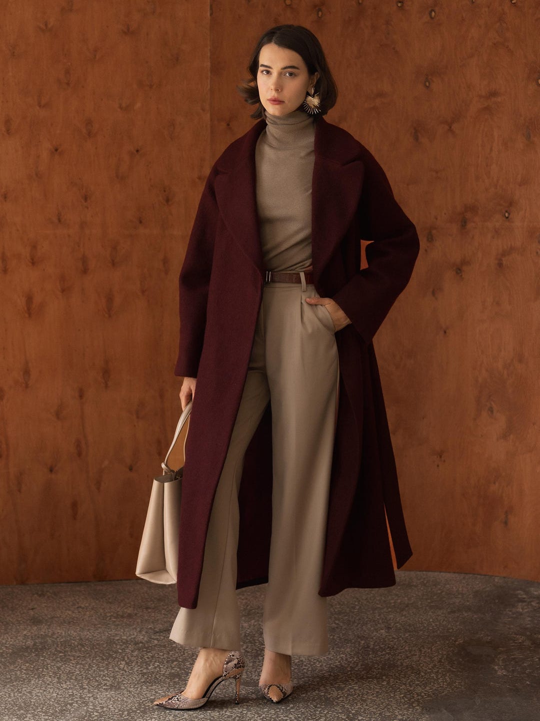 Burgundy Lapel Wool Blends Long Coat