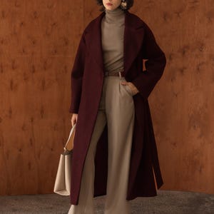 Long Burgundy wool coat, Burgundy woolen coat, Lined warm winter coat, Double-breasted wool coat with belt, Raglan sleeve overcoat