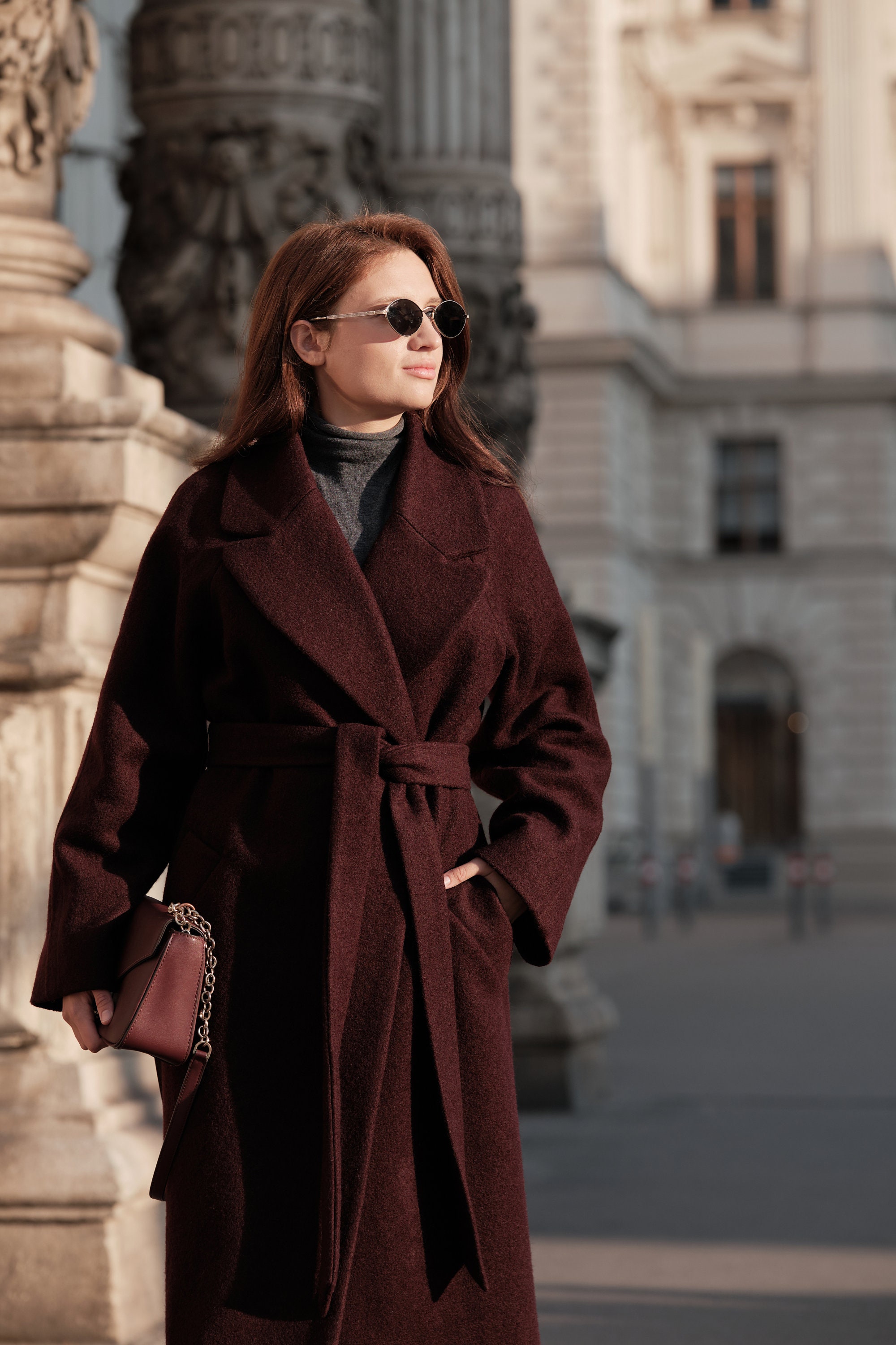 100% Wool Belted Coat with Fur Cuffs - Burgundy