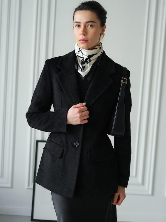 Jacken Mantel Schwarz Elegant Schwarzer Taillierter Wollmantel