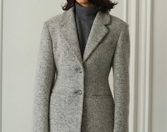 Fitted Grey Wool Blazer Coat – Tailored Italian Felted Wool Jacket, Elegant & Timeless