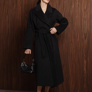 Luxury Black wool coat, Black woolen coat, Lined warm winter coat, Double-breasted wool coat with belt, Raglan sleeve overcoat