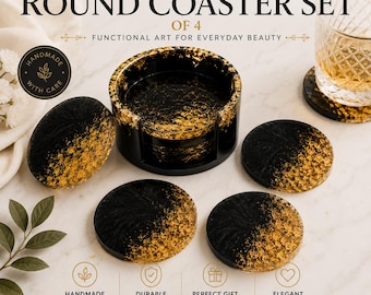 Resin Coaster Set with Holder | Round Drink Coasters | Handmade Housewarming Gift