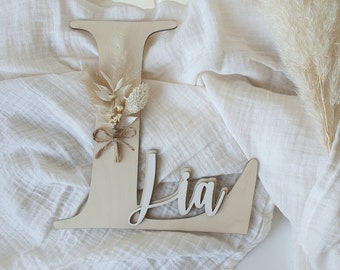 3D wooden letter with name, personalized letter with dried flowers, children's room decoration, birthday gift, christening
