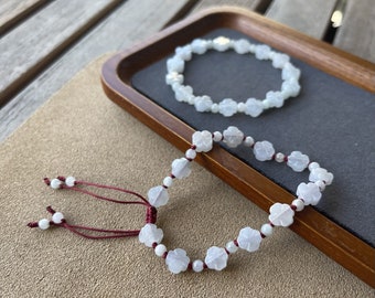 Natural Burmese Jadeite Flower Bracelet: Healing Gemstone, Handmade USA