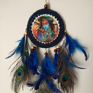 Krishna Peacock Feather Dreamcatcher: Blue Cotton Car Charm