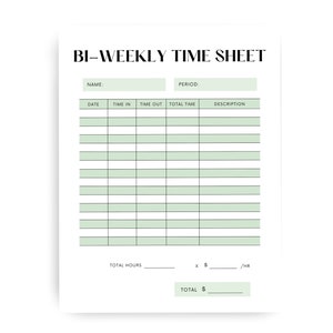 Tweewekelijkse urenstaat | Minimalistische urenstaat | Direct downloaden | Kantoorbron voor particuliere contractanten | Tweewekelijkse urenstaat per uur