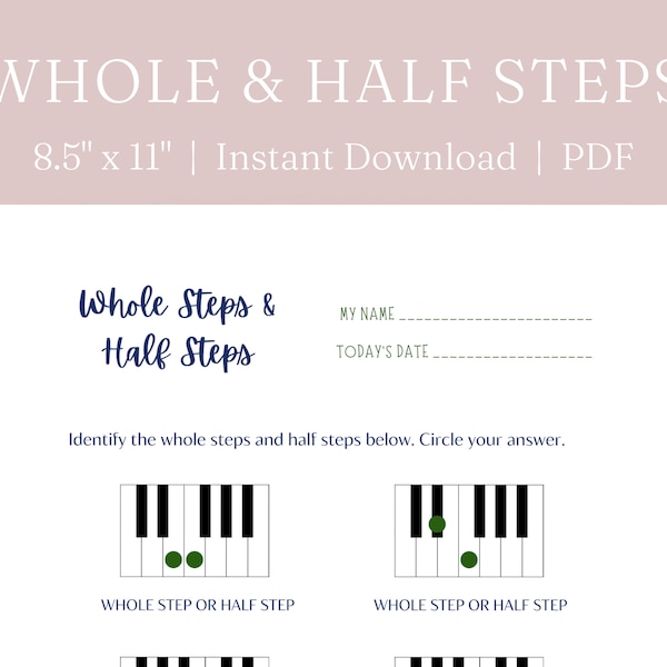 Whole Steps and Half Steps Worksheet | Music Theory Printable | Beginner Music Theory Worksheet | Worksheet for Piano Lesson