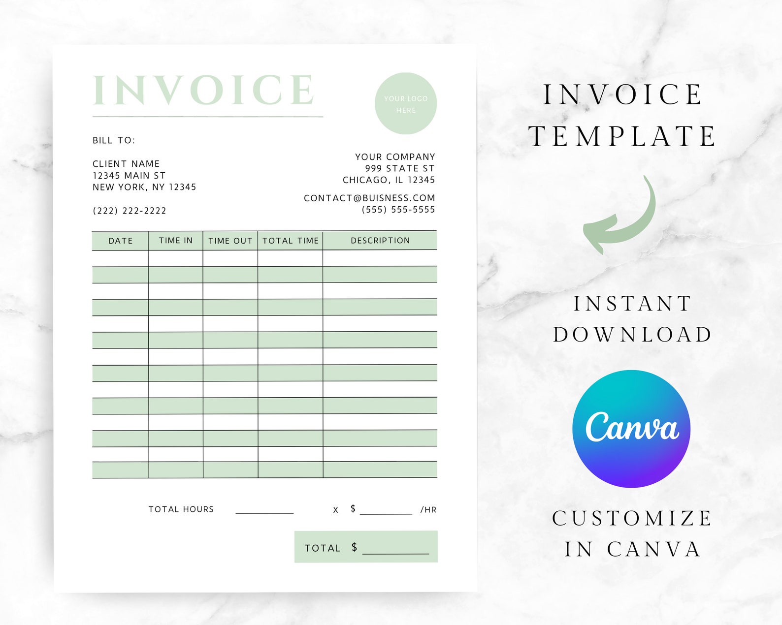 Invoice Canva Template | Time Sheet Template | Editable Invoice ...