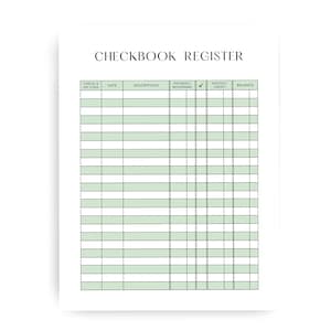 May include: A printable checkbook register with columns for check or code, date, description, payment or withdrawal, deposit or credit, and balance.