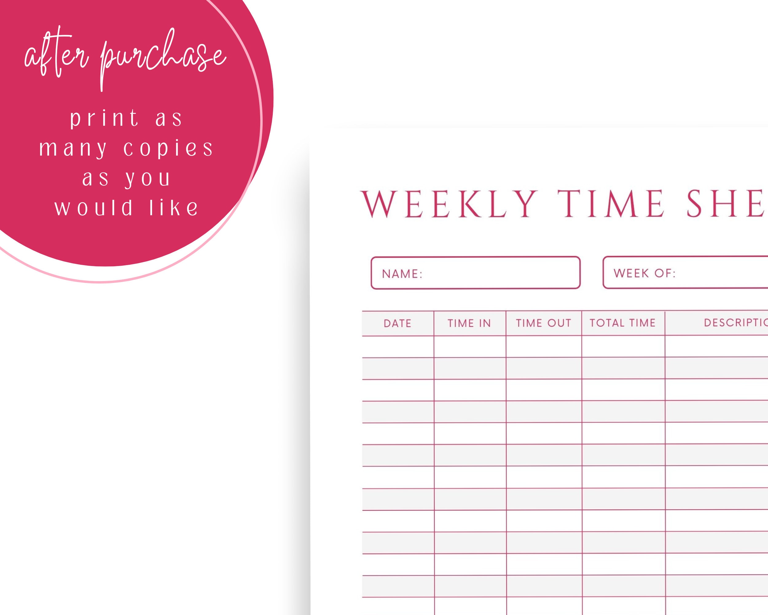Weekly Time Sheet | Minimalist Time Sheet | Printable | Instant ...