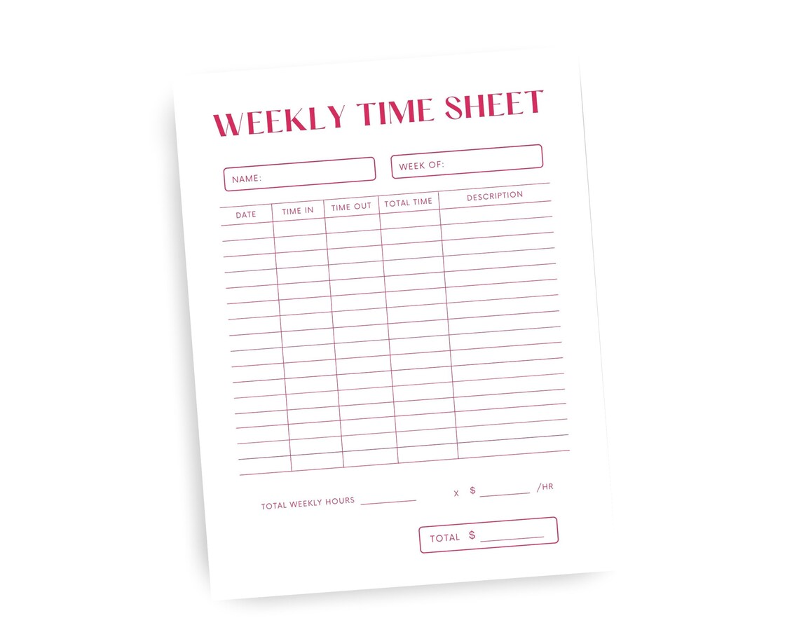 Weekly Time Sheet Minimalist Time Sheet Printable Instant Download Private Contractor Office