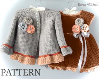 May include: A grey knitted cardigan and a brown dress, both decorated with floral embellishments. The cardigan has pearl buttons and orange trim. The dress features a ribbon and a scalloped hem. The word "PATTERN" is visible at the bottom.