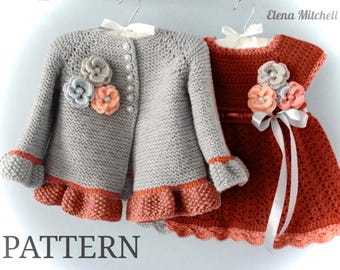 May include: A grey knitted cardigan and a rust-coloured dress, both decorated with floral embellishments. The cardigan has pearl-like buttons and a ruffled hem. The dress has a matching ruffled hem and a white ribbon. The word "PATTERN" is at the bottom.