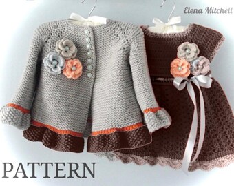 May include: A grey knitted cardigan and a brown dress, both with floral decorations. The cardigan has orange trim and pearl buttons. The dress features a matching floral accent and a white ribbon. The word "PATTERN" is at the bottom.