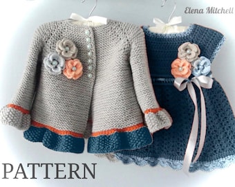 May include: A grey crocheted cardigan and a navy blue crocheted dress, both decorated with floral embellishments. The cardigan has orange and navy blue trim. The dress features a ribbon sash. The word "PATTERN" is at the bottom.