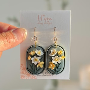 Daffodils Clay Earrings | March Birth Month Flower, Yellow, White, Green, Sage