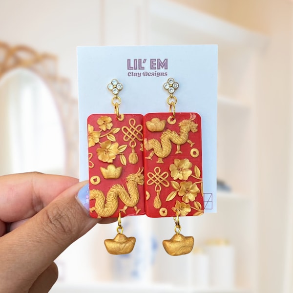 Handmade clay lunar new year earrings | Red with gold, flowers, and gold ingot dangles, Chinese new year, Chinese zodiac