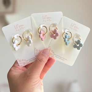 Soft Spring Polymer Clay Flower Gold Huggie Hoop Earrings | White, Pink, Blue, 18k Gold Plated Huggies