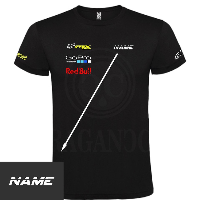 Camiseta negra Hon para hombre o mujer, con logos personalizados del mundo motor. Nombre personalizado en hombro a elegir imagen 2