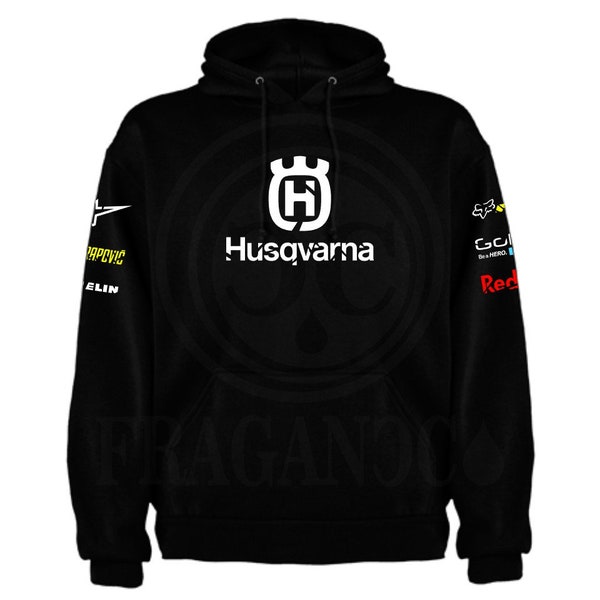 Husqvar-Sweatshirt mit oder ohne Kapuze und mit oder ohne Kängurutasche mit personalisierten Logos aus der Motorwelt. Benutzerdefinierter Name zur Auswahl.