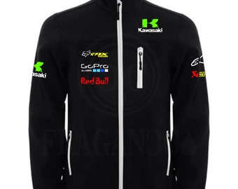 Chaqueta cortavientos softshell Kawasa, con logos motor para moteros. Personalizada con vinilo textil de 1ra calidad.