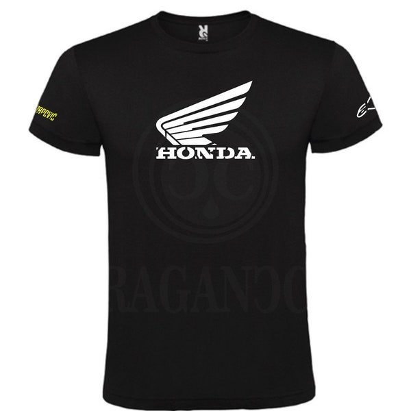 Camiseta negra Hon para hombre o mujer, con logos personalizados del mundo motor.  Nombre personalizado en espalda a elegir.