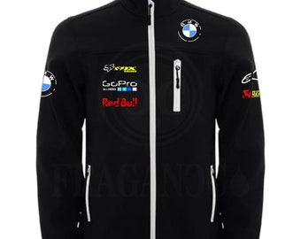 Bm softshell windbreaker jacket with motor logos for bikers. Personalized with 1st quality textile vinyl. mw