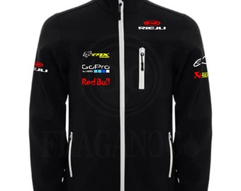 Riej softshell windbreaker jacket, with motor logos for bikers. Personalized with 1st quality textile vinyl.