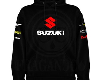 Suzu sweatshirt met of zonder capuchon en met of zonder kangoeroetas met gepersonaliseerde logo's uit de motorwereld. Aangepaste naam om uit te kiezen.