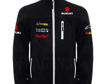 Suzu Softshell-Windbreakerjacke mit Motorlogos für Biker. Personalisiert mit Textilvinyl erster Qualität.