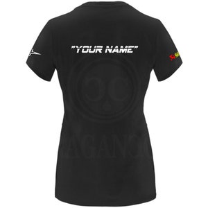 T-shirt noir Kawasa, pour homme ou femme, avec logos personnalisés du monde automobile. Prénom personnalisé au dos au choix. image 7