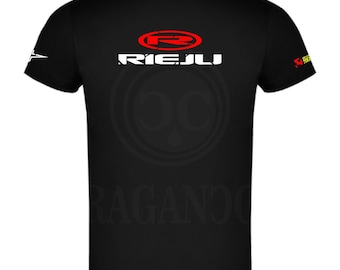Camiseta negra Rie, para hombre o mujer, con logos del mundo motor. Nombre personalizado en hombro a elegir.