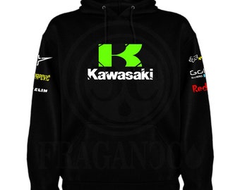 Kawasa sweatshirt with or without a hood and with or without a kangaroo bag with personalized logos from the motor world. Custom name to choose from.