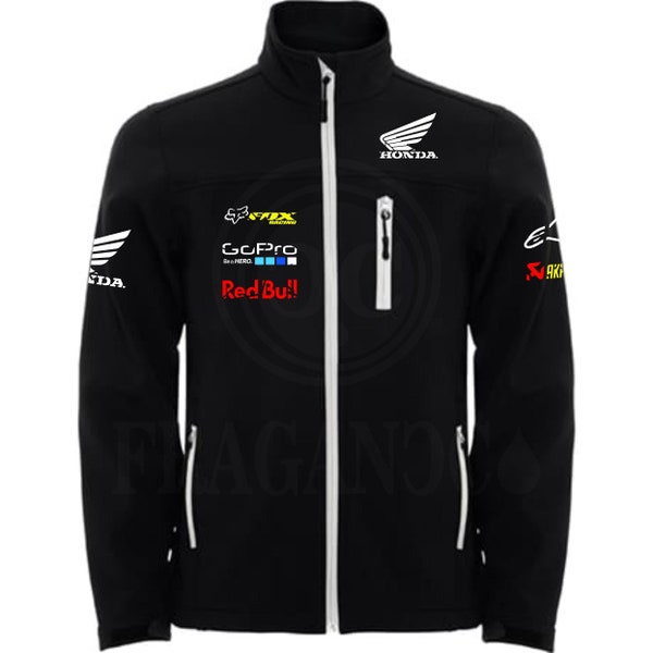 Veste coupe-vent softshell Hon avec logos de moteur pour les motards. Personnalisé avec du vinyle textile de 1ère qualité.