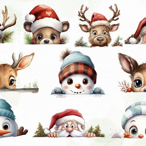 Whimsical Christmas Peeking Sublimation Delights Funny Christmas Peeking Sublimation Reindeer Peeking Snowman Bundle Clipart Watercolor
