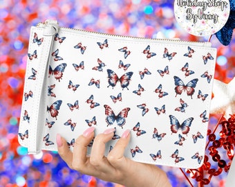 Butterfly Clutch Bag - Large 9.45 in x 6.57 in, Vegan Leather, Red White & Blue 4th Of July Butterfly Bag, Butterfly Gift, Summer Purse