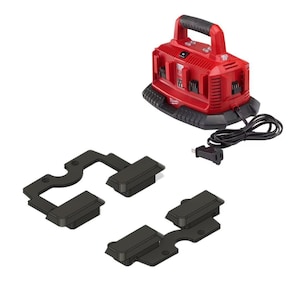 May include: A red and black power tool charger with a handle and multiple charging ports. Two black mounting brackets are in the foreground. A black power cord and plug are connected to the charger.