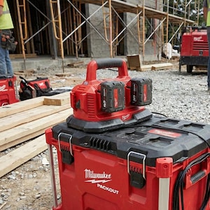 May include: A red and black Milwaukee Packout tool box with a red power tool charger on top. The charger has two black batteries attached. The tool box has the Milwaukee logo and the word "PACKOUT" printed on the front.