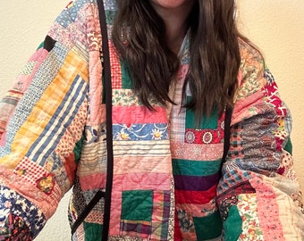 Vintage Antique Log Cabin Quilt Jacket