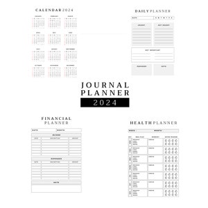 Puede incluir: Un planificador de diario blanco 2024 con plantillas para calendarios, planificación diaria, finanzas y salud. El texto "JOURNAL PLANNER 2024" es negro. Incluye secciones para notas y recordatorios.