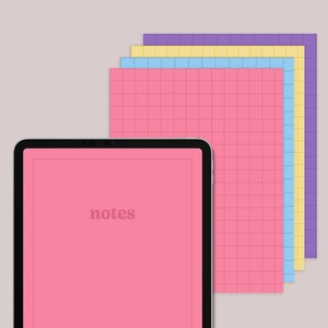 Peut inclure: Une tablette tactile rose avec un cadre noir et le mot "notes" affiché à l'écran. La tablette est à côté d'une pile de quatre feuilles de papier avec des motifs de grille. Les feuilles sont dans des tons de violet, jaune, bleu et rose.