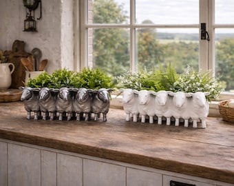 Maceta con forma de oveja de granja, maceta rústica con forma de animal para hierbas aromáticas, decoración para el alféizar de la cocina, maceta de jardín de estilo cottagecore, regalo único para amantes de las plantas.